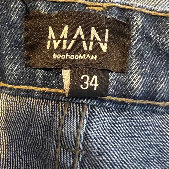 BoohooMAN Blue Jeans Straight Full Zip Up Leg Moto Relaxed Mens Size 34 - Picture 10 of 12